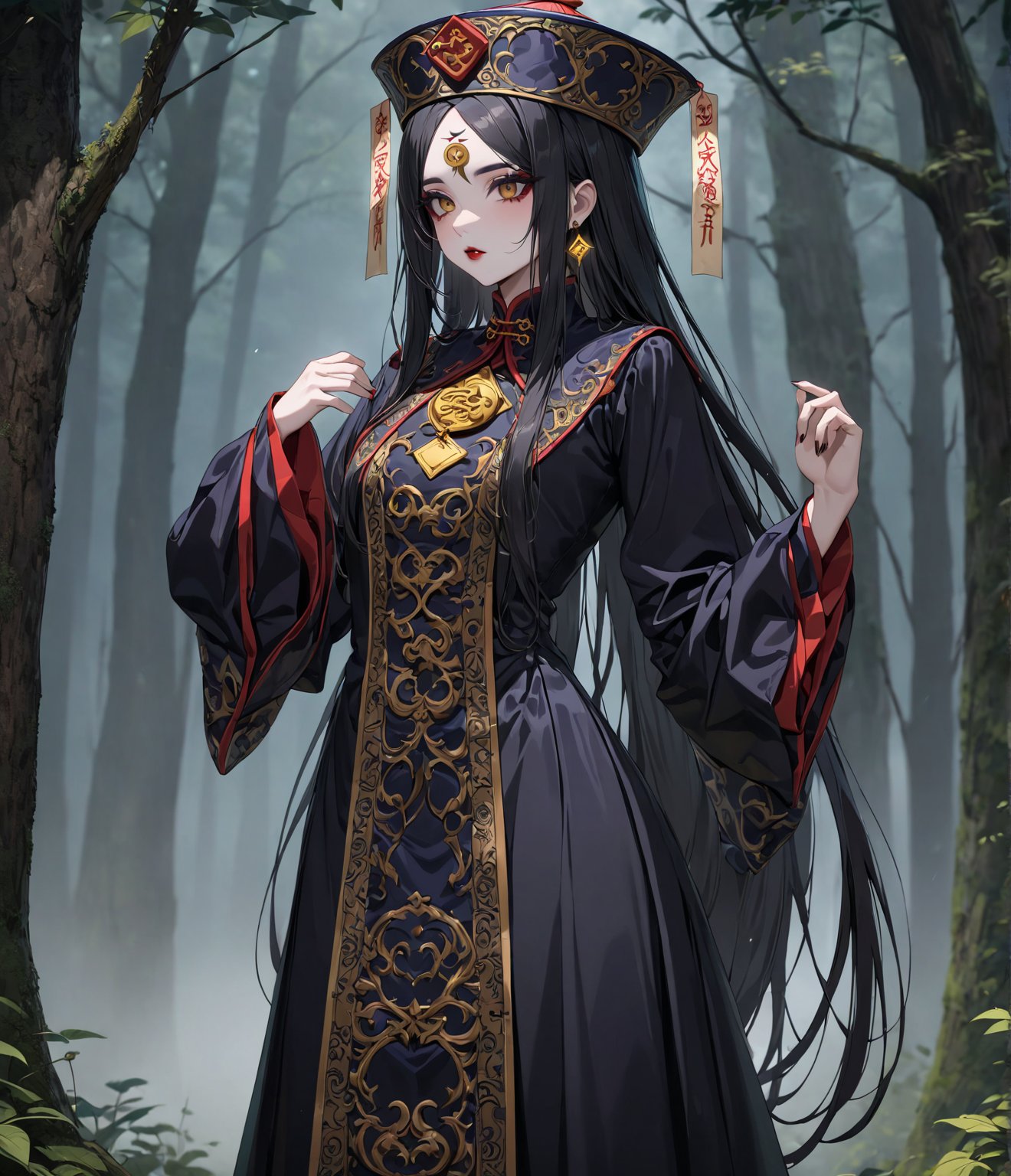 Masterpiece, 4K, ultra detailed, anime style, frightening female Jiangshi with flawless goth makeup, paper talisman on forehead and glossy lips, golden earring, wavy long hair, dark silk robe with very long sleeves, in a misty dark forest, depth of field, SFW, more detail XL,