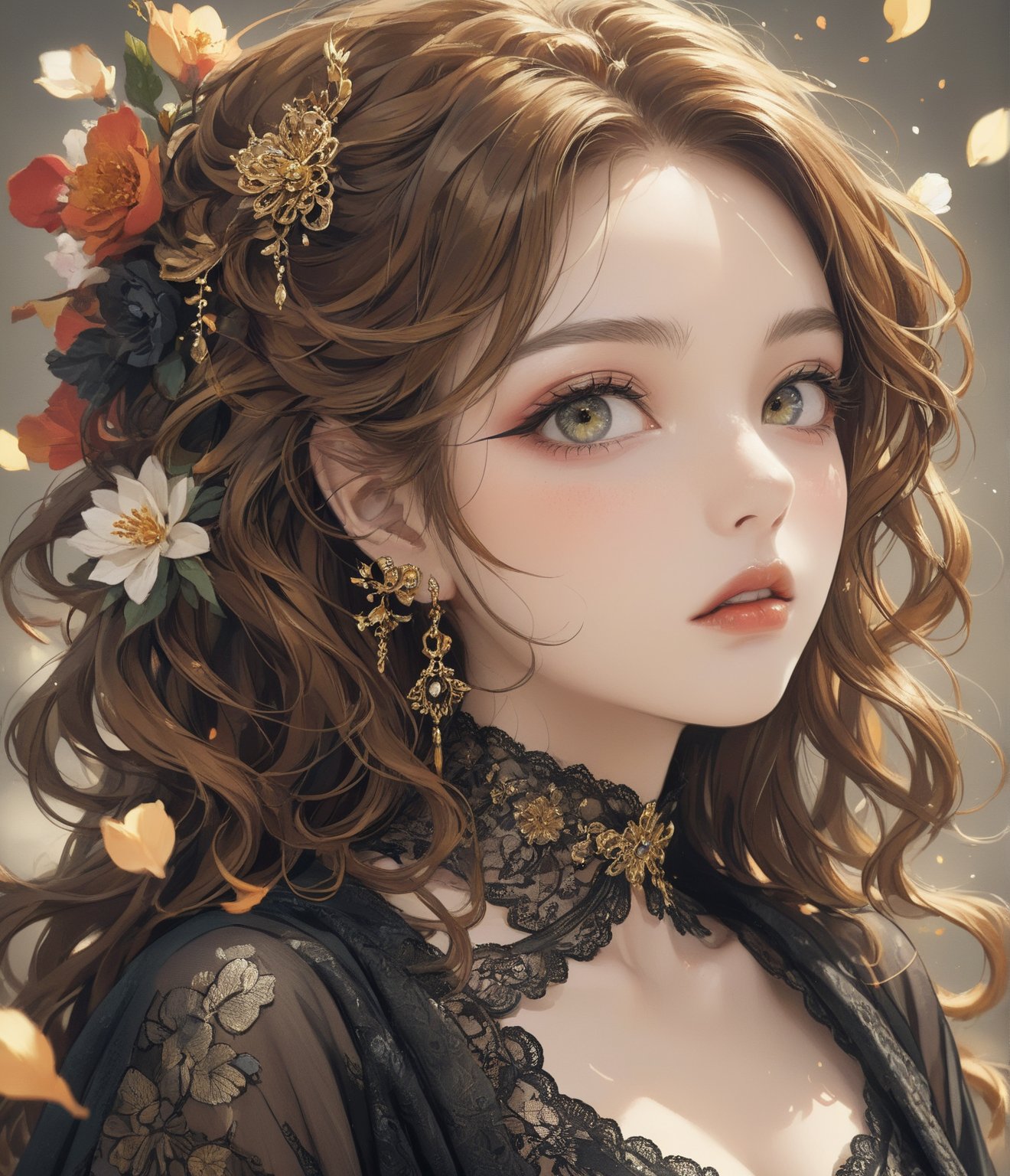 Masterpiece, 4K, ultra detailed, modern anime style, beautiful busty female singer with flawless dark makeup, beautiful detailed eyes and glossy lips, golden earring, wavy long ginger hair, sheer lace robe, romantic flower petals, windy, depth of field, SFW, more detail XL, punk art style,huayu