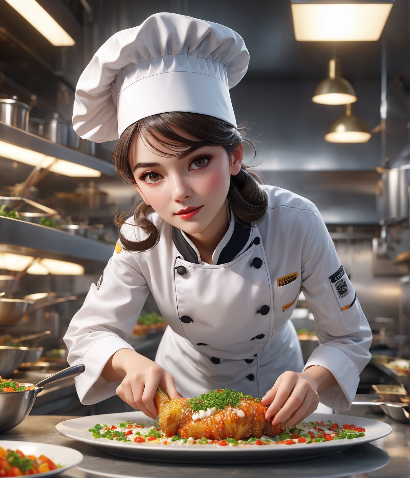 Masterpiece, 4K, ultra detailed, solo, 1 professional female chef with glamorous makeup, chef hat, bent over, fantastic cuisine, depth of field, SFW,