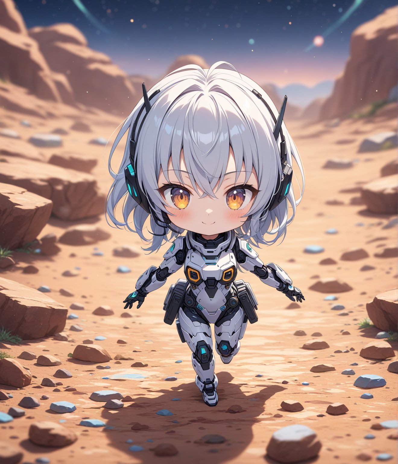 Masterpiece, 4K, ultra detailed, chibi anime style, cyber robot girl wearing tactical headset with fin antenna, smiling at viewers, SFW, walking on colorful rocky space terrain, depth of field, 