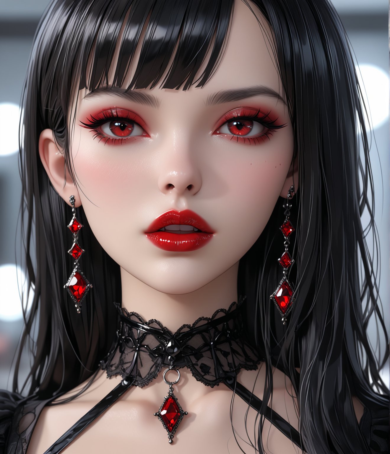 Masterpiece, 4K, ultra detailed, sexy goth lady in red, glossy seductive lips, dangling earrings, SFW, depth of field, xxmixgirl