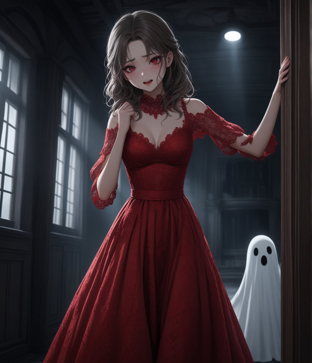 Masterpiece, 4K, Ultra detailed, beautiful girl with glamorous makeup wearing red lace dress walking in a dark haunted house, feminine figure, scared expression with both hand up, SFW, light rays streaming from the windows, floating white ghost,