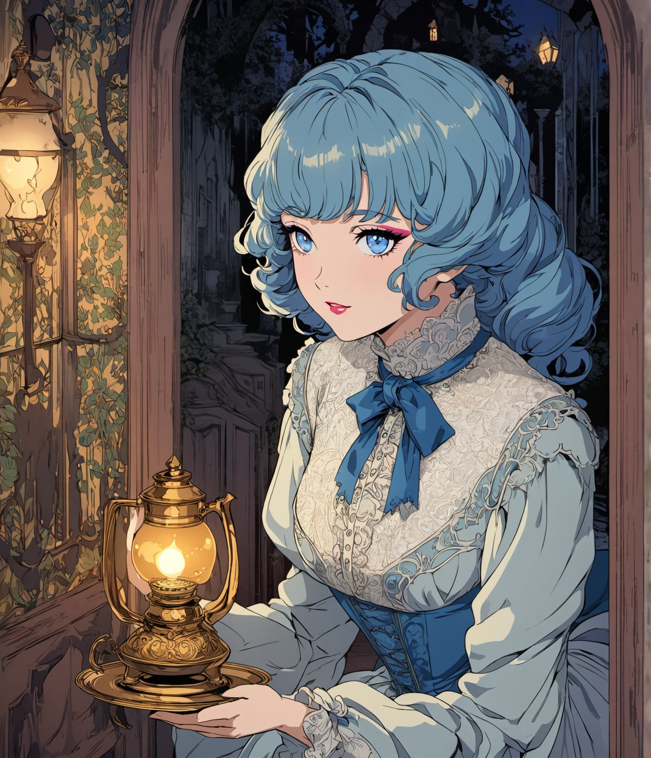 Masterpiece, 4K, Ultra detailed, vintage anime style, beautiful girl with glamorous makeup wearing Victorian lace dress escaping in a dark haunted house, beautiful blue eyes, lit by oil lamp, SFW, Art Nouveau Style,