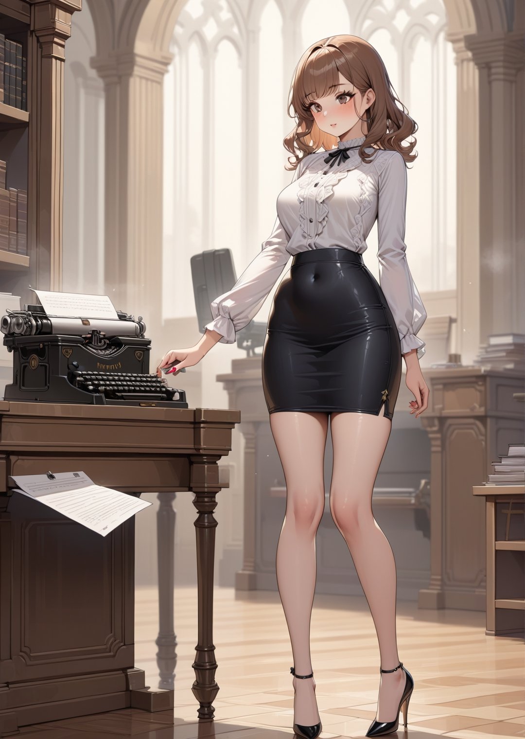 (Pin-up style),  masterpiece,  beautiful athletic woman wearing blouse and tight skirt by Max AI on Tensor.Art