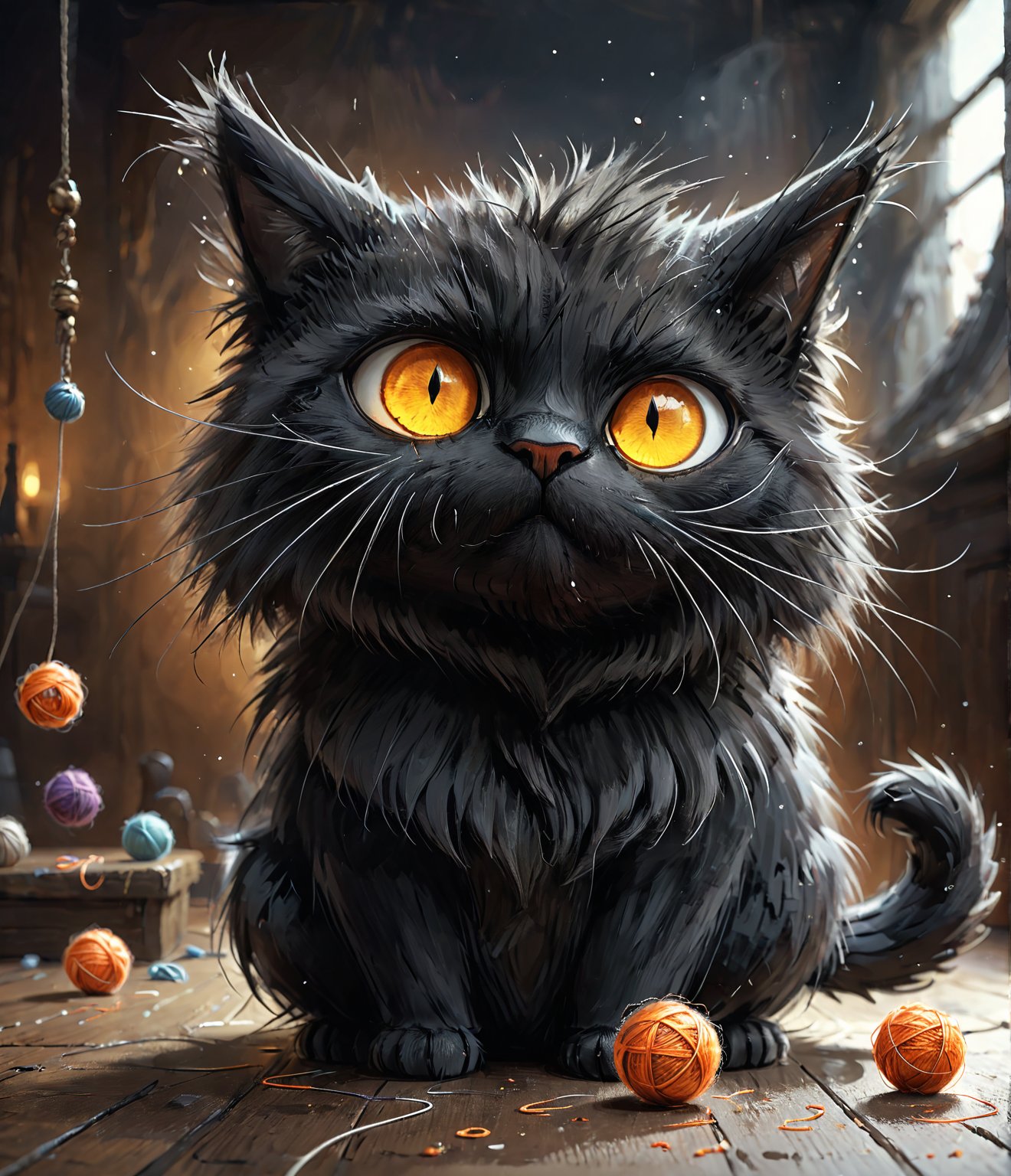 Masterpiece, 4K, Ultra detailed, 1 scary black cat with fluffy fur, playing yarn balls, depth of field, SFW