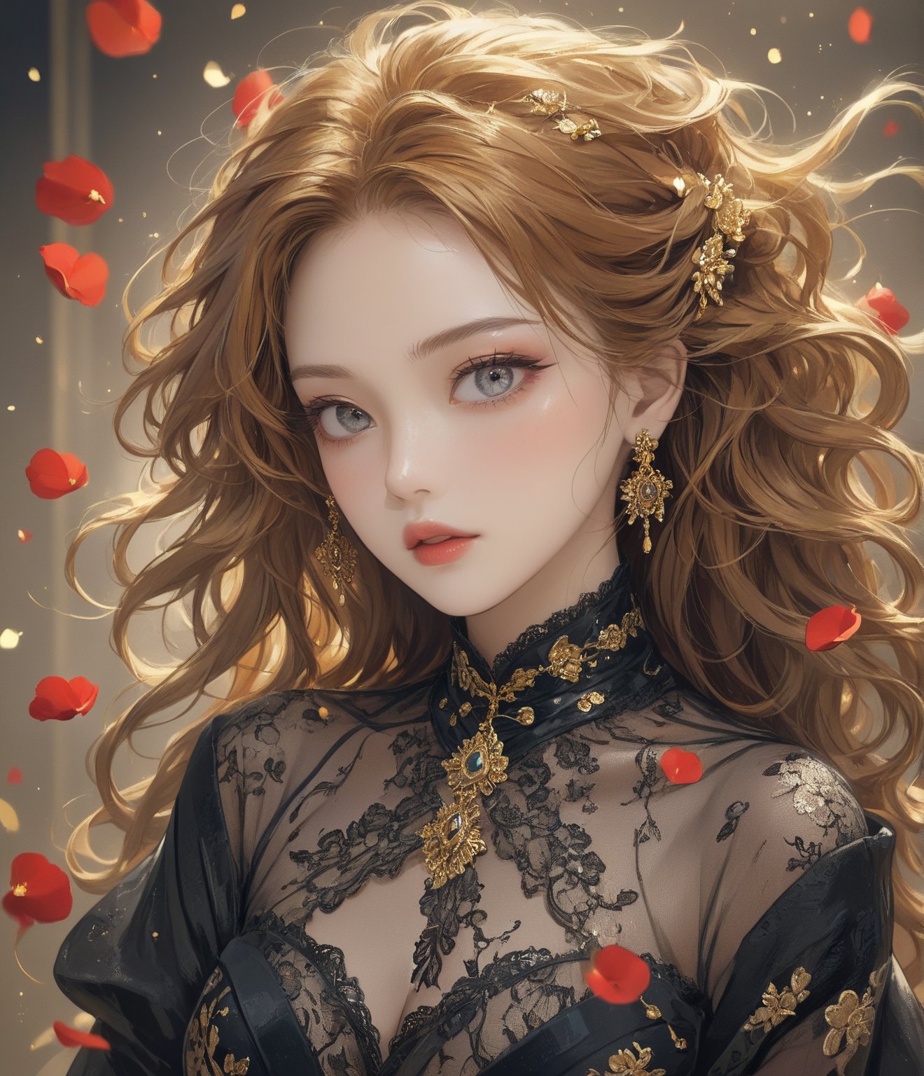 Masterpiece, 4K, ultra detailed, modern anime style, beautiful busty female singer with flawless dark makeup, beautiful detailed eyes and glossy lips, golden earring, wavy long ginger hair, sheer lace robe, romantic flower petals, windy, depth of field, SFW, more detail XL, punk art style,huayu