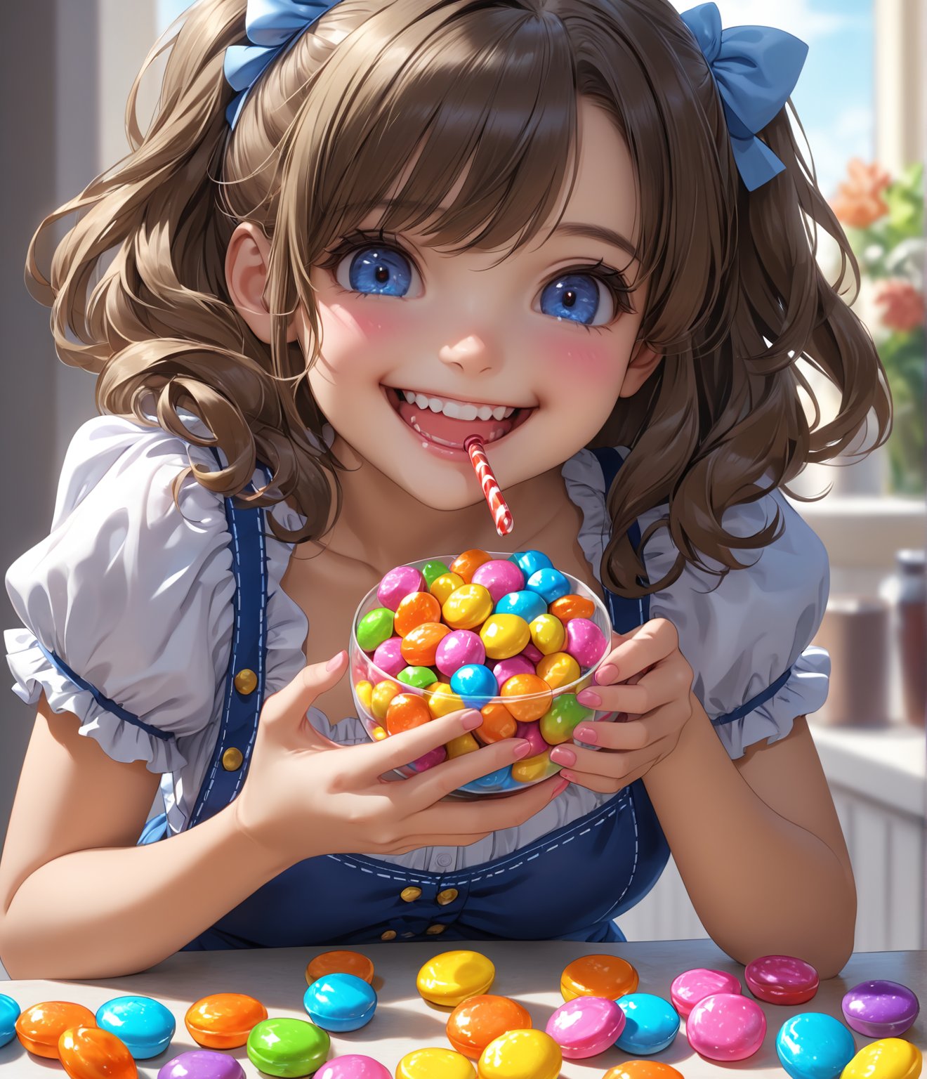 Masterpiece, 4K, Ultra detailed, cute girl cupping a handful of candy, wide smile, SFW, 