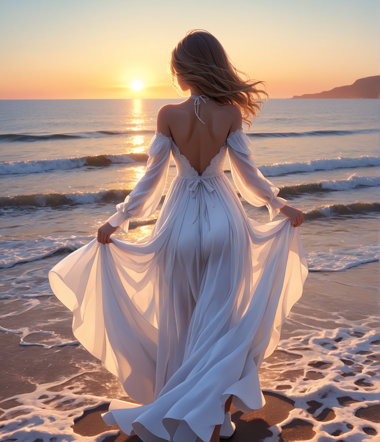 Masterpiece, 4K, Ultra detailed, beautiful girl wearing white dress walking to the sun, feminine figure, SFW, sunset, back facing viewers,