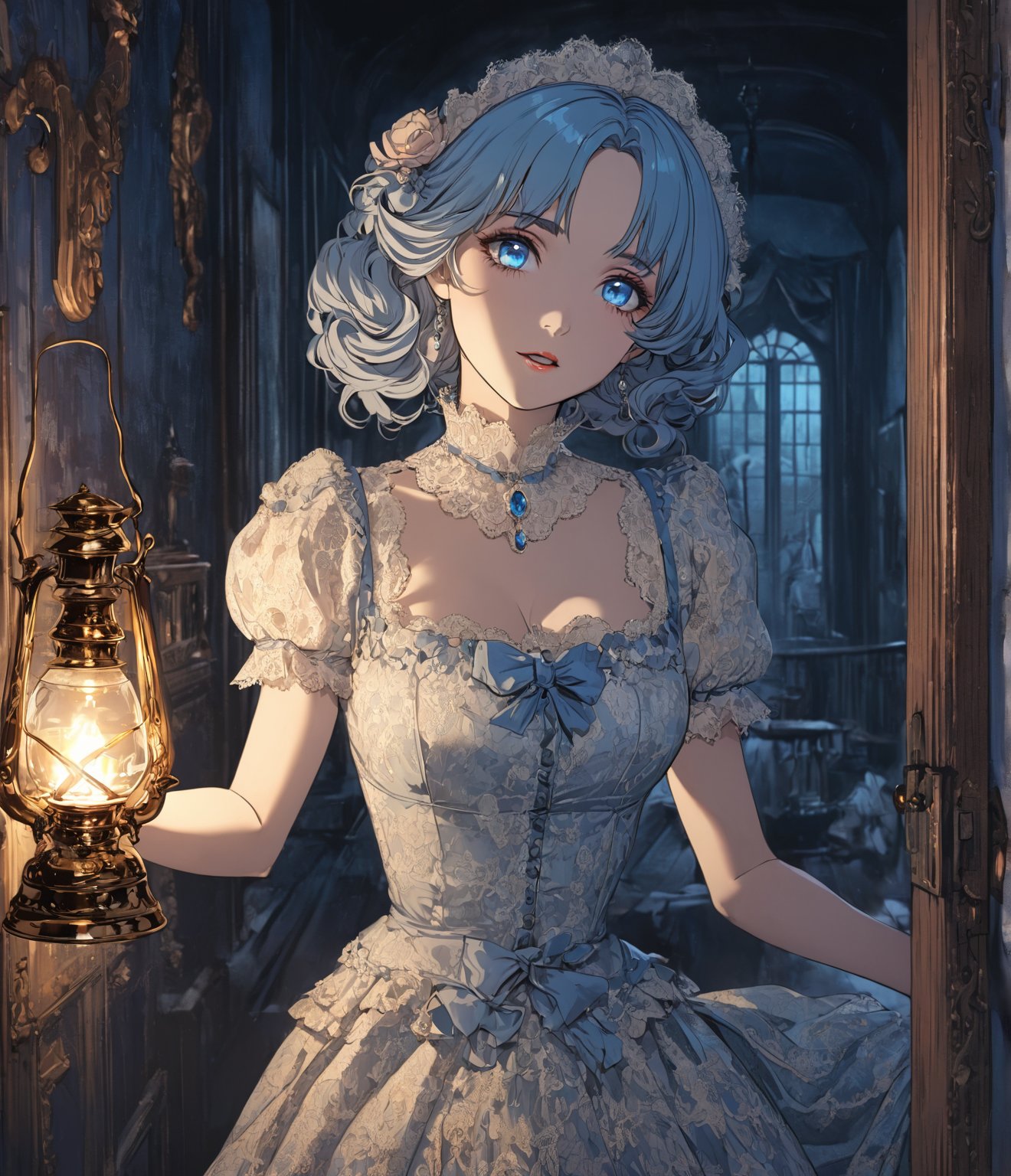 Masterpiece, 4K, Ultra detailed, vintage anime style, beautiful girl with glamorous makeup wearing Victorian lace dress escaping in a dark haunted house, beautiful blue eyes, lit by oil lamp, SFW, 