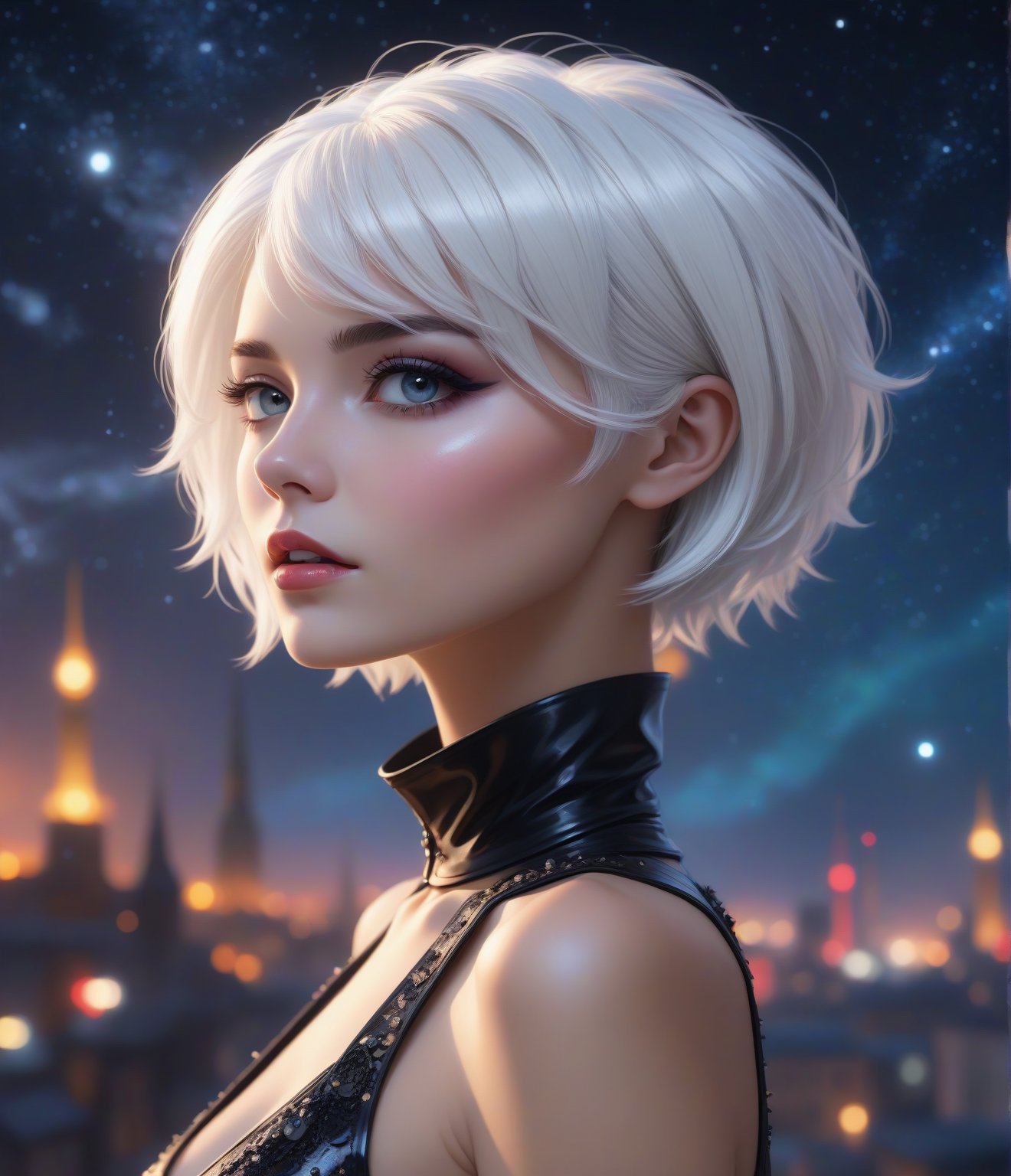 Masterpiece, 4K, ultra detailed, elegant fashionable woman, perfect makeup and short white hair, SFW, depth of field, epic night sky, vibrant color Punk Art Style, 