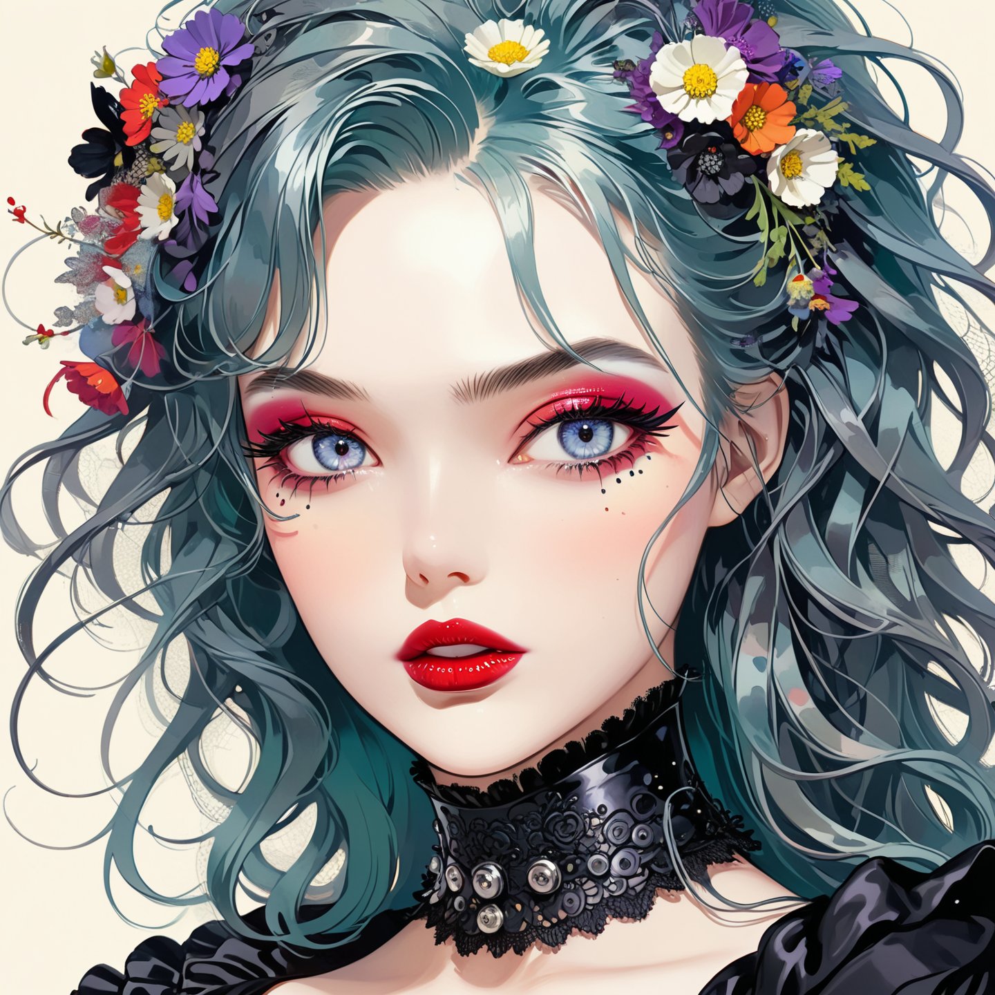 Masterpiece, 4K, ultra detailed, anime style, beautiful punk girl with goth makeup and glossy lips, long flowy hair, wild flowers, depth of field, SFW,more detail XL, retro illustrations, Vintage American illustration's 