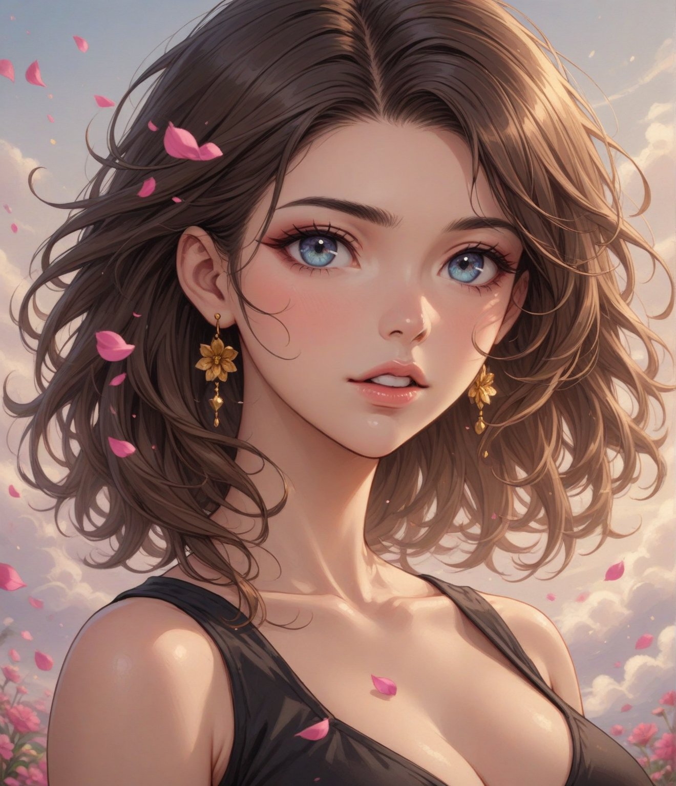 Masterpiece, 4K, ultra detailed, beautiful lady with natural makeup, beautiful detailed eyes and glossy lips, golden earring, brown and black ombre hair, romantic flower petals, colorful bellowing smoke, windy, depth of field, SFW,