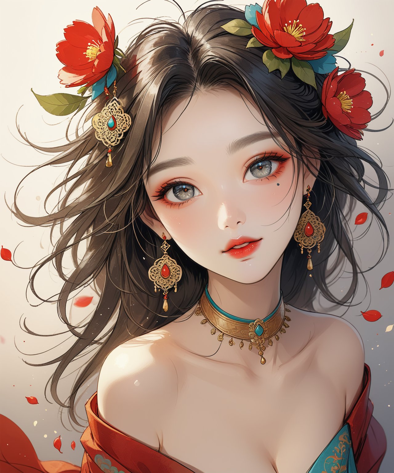 Masterpiece, 4K, ultra detailed, beautiful middle aged lady with natural makeup, beautiful Smokey eyes and seductive glossy lips, dangling earring, romantic flower petals, depth of field, SFW, dunhuang, viewer from above,