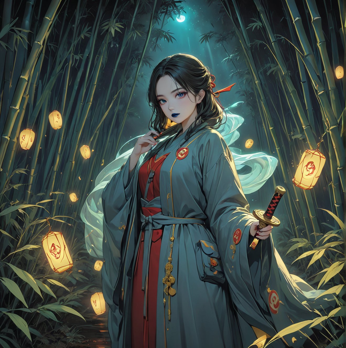 Masterpiece, 4K, ultra detailed, anime style, female ghost buster with flawless makeup and dark blue lips, yellow paper talisman with red wooden sword on 1 hand, dark satin robe, in a dark bamboo forest at night, floating ghost spirit in the back, depth of field, SFW,huayu,glowing sword