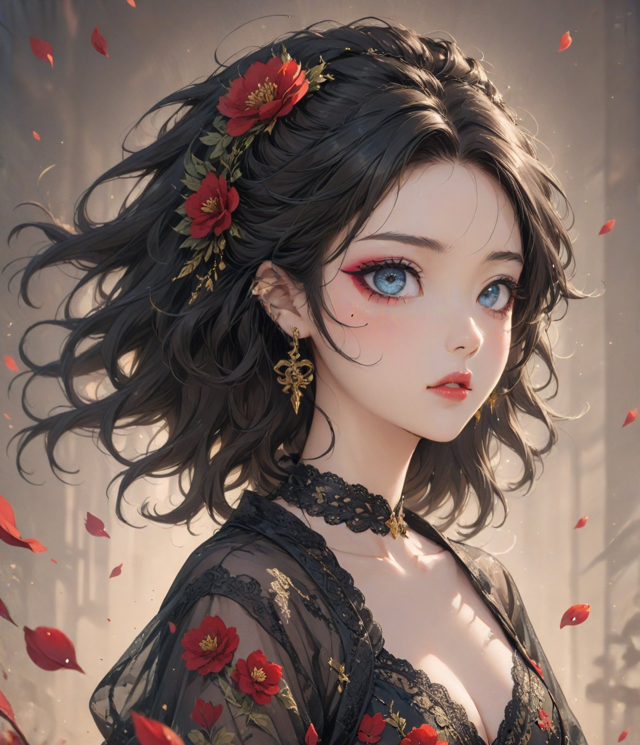 Masterpiece, 4K, ultra detailed, modern anime style, beautiful female singer with flawless makeup, beautiful detailed eyes and glossy lips, golden earring, wavy hair, sheer lace robe, romantic flower petals, windy, depth of field, SFW, more detail XL, punk art style,huayu