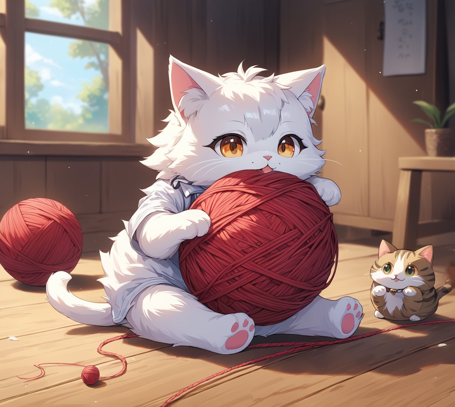 ((anime style)),  masterpiece, 4K, cute furry cat playing a yarn ball, more detail XL,