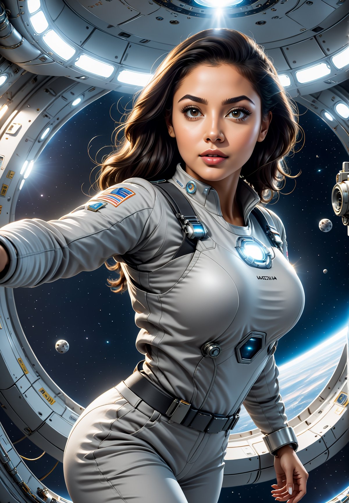 Sci-fi,  A beautiful curvy Latino woman wearing a light grey overall uniform with heels,  diving forward position in a zer...