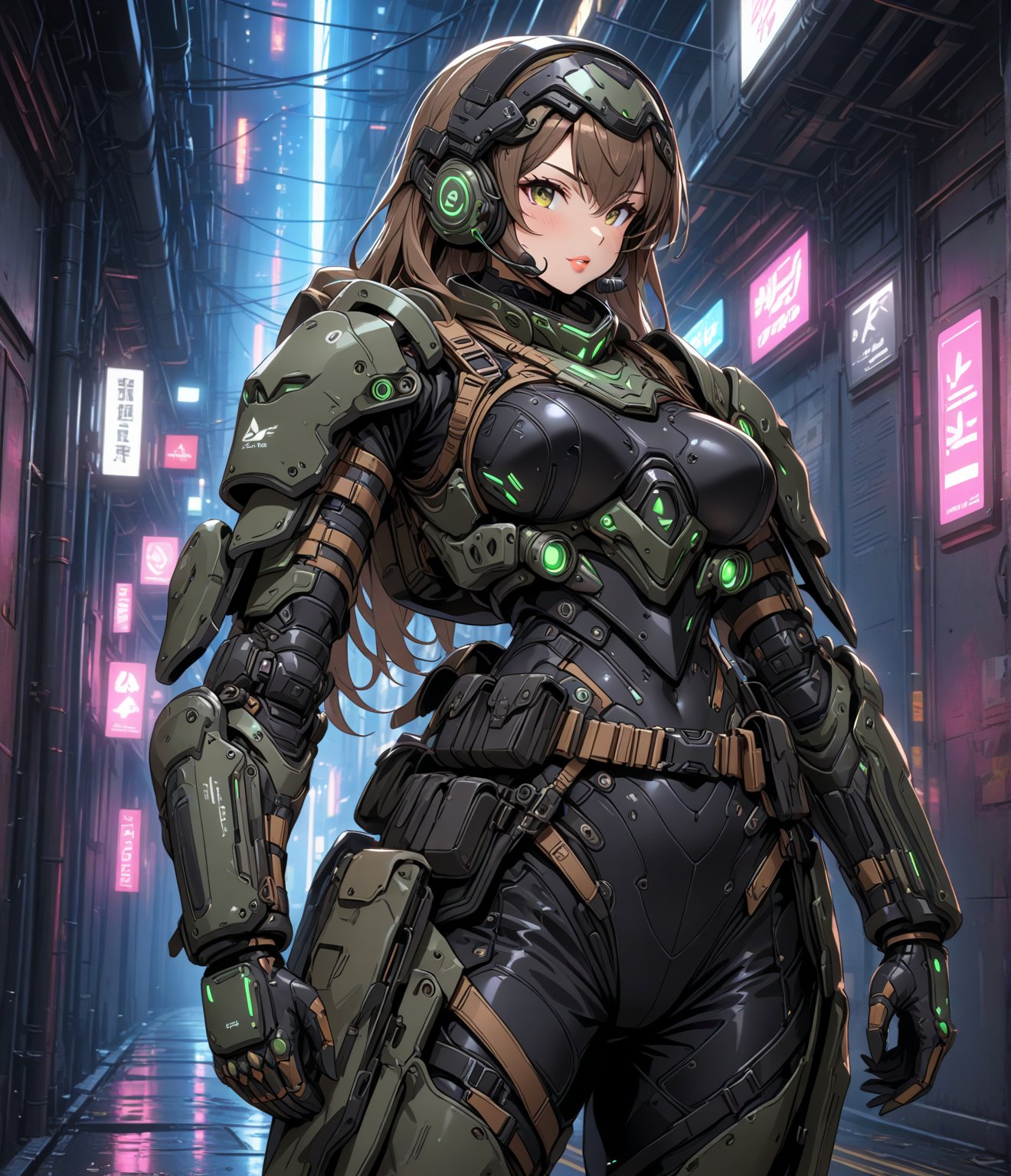 Masterpiece, 4K, ultra detailed, anime style, 1 beautiful busty female soldier wearing tactical headset and brown waist pack, glossy lips, armor plating with LED lights, SFW, alleyway with neon lighting, reflection, depth of field, cyber punk, 