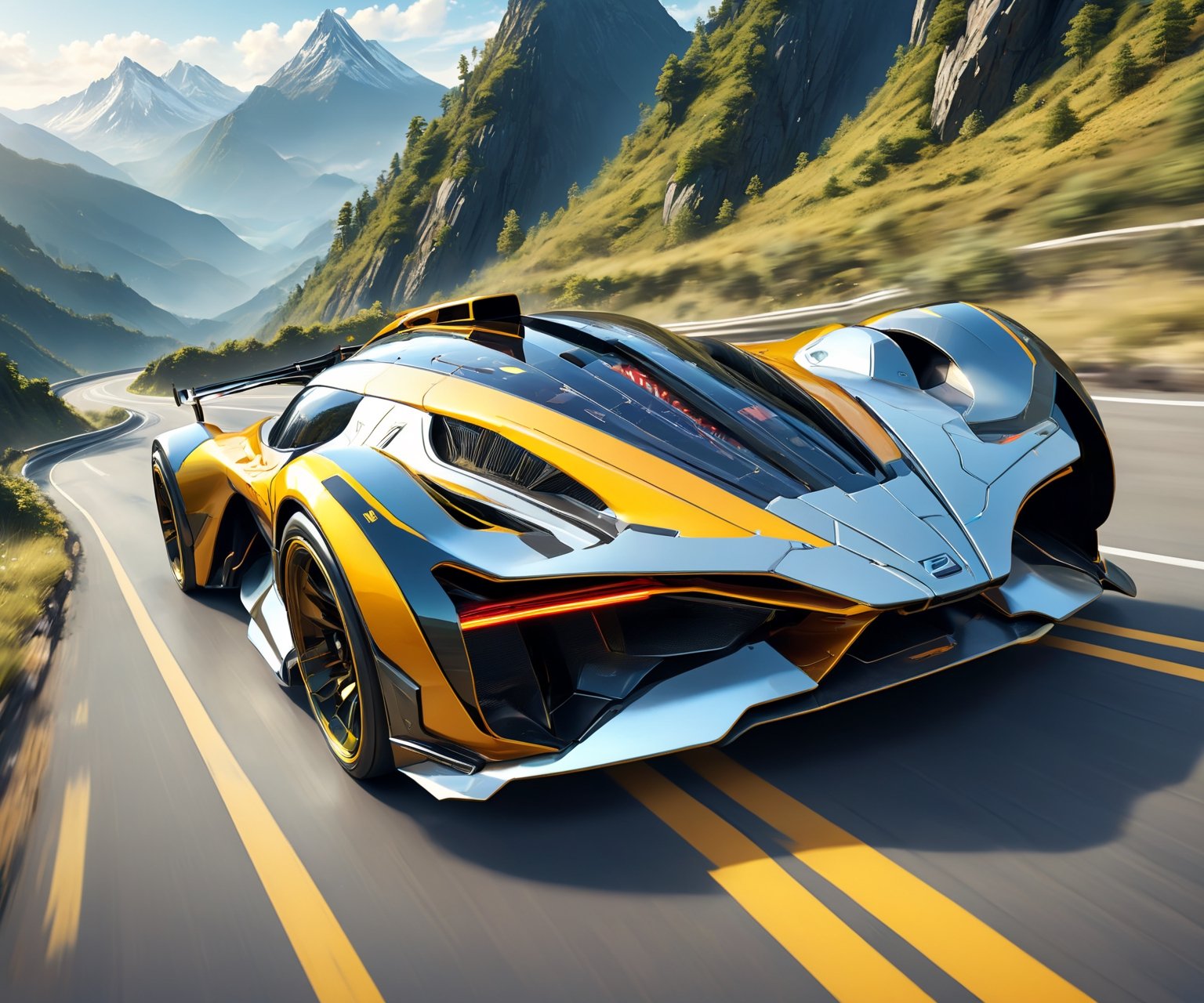 Solo, anime style, futuristic race car in mountainous road, driving in high speed, dynamic angle, more detail XL, ,DonMX3n0T3chXL