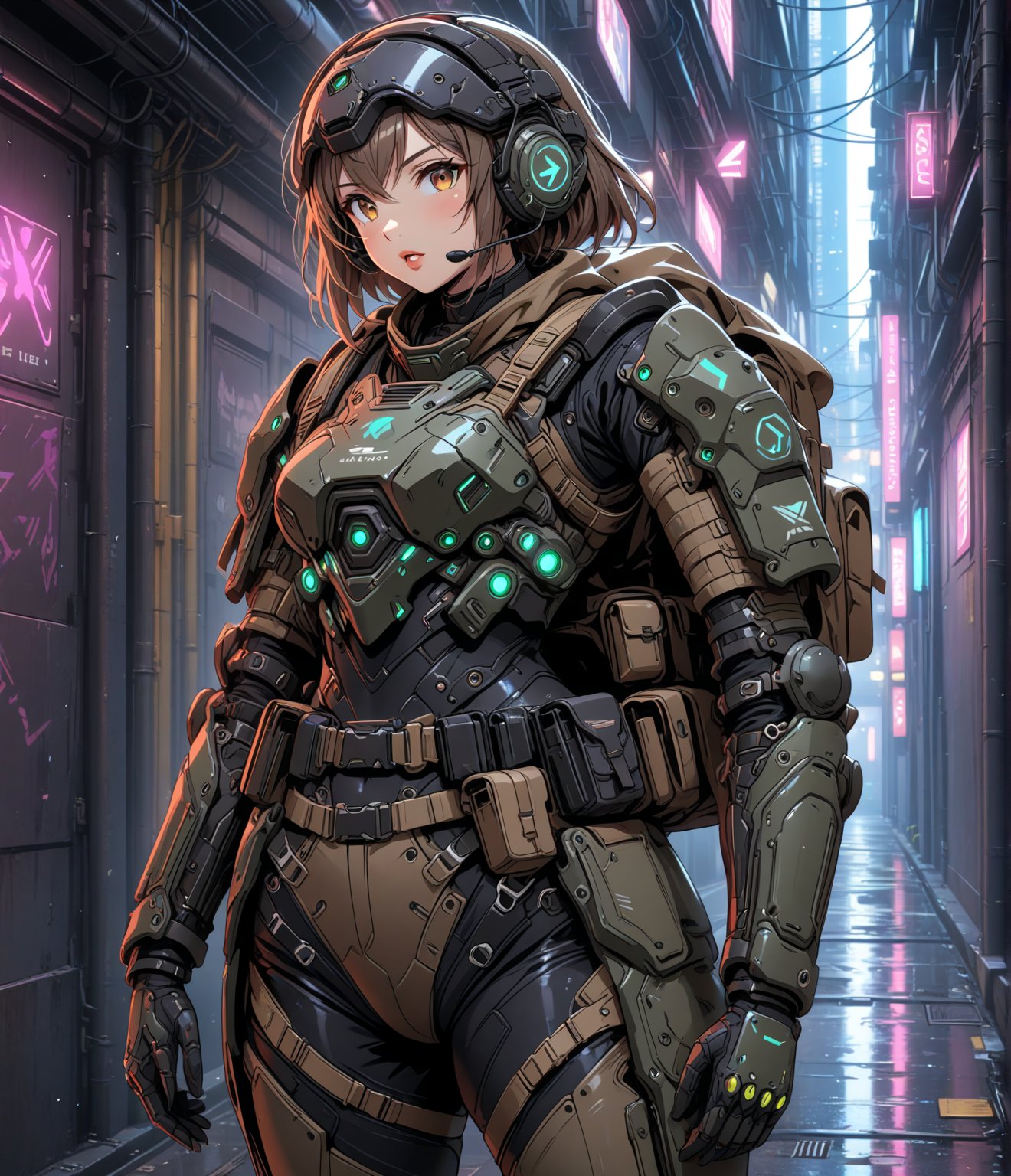 Masterpiece, 4K, ultra detailed, anime style, 1 beautiful female soldier wearing tactical headset and brown waist pack, glossy lips, armor plating with LED lights, SFW, alleyway with neon lighting, reflection, depth of field, cyber punk, 