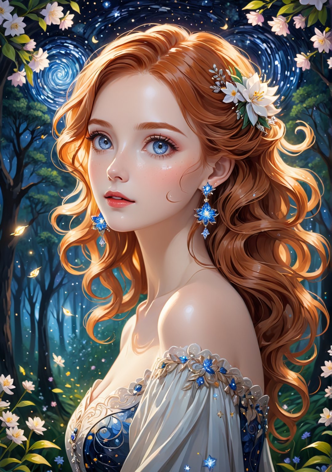 Masterpiece, 4K, ultra detailed, ((solo)), anime impressionism art style, elegant mature woman with beautiful detailed eyes and glamorous makeup, long wavy ginger hair, finely detailed earrings, hand over head, in a flowering forest,  swirling starry night, more detail XL, SFW, depth of field,