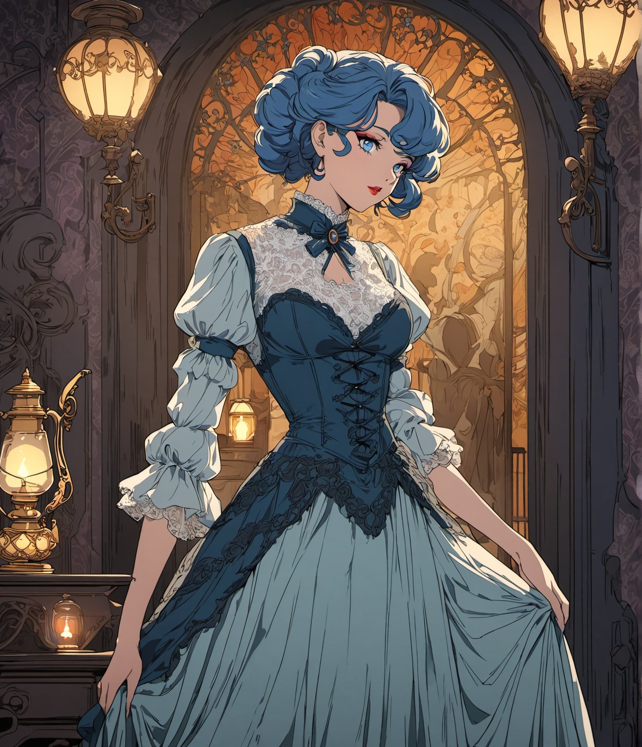 Masterpiece, 4K, Ultra detailed, vintage anime style, beautiful girl with glamorous makeup wearing Victorian lace dress escaping in a dark haunted house, beautiful blue eyes, lit by oil lamp, SFW, Art Nouveau Style,