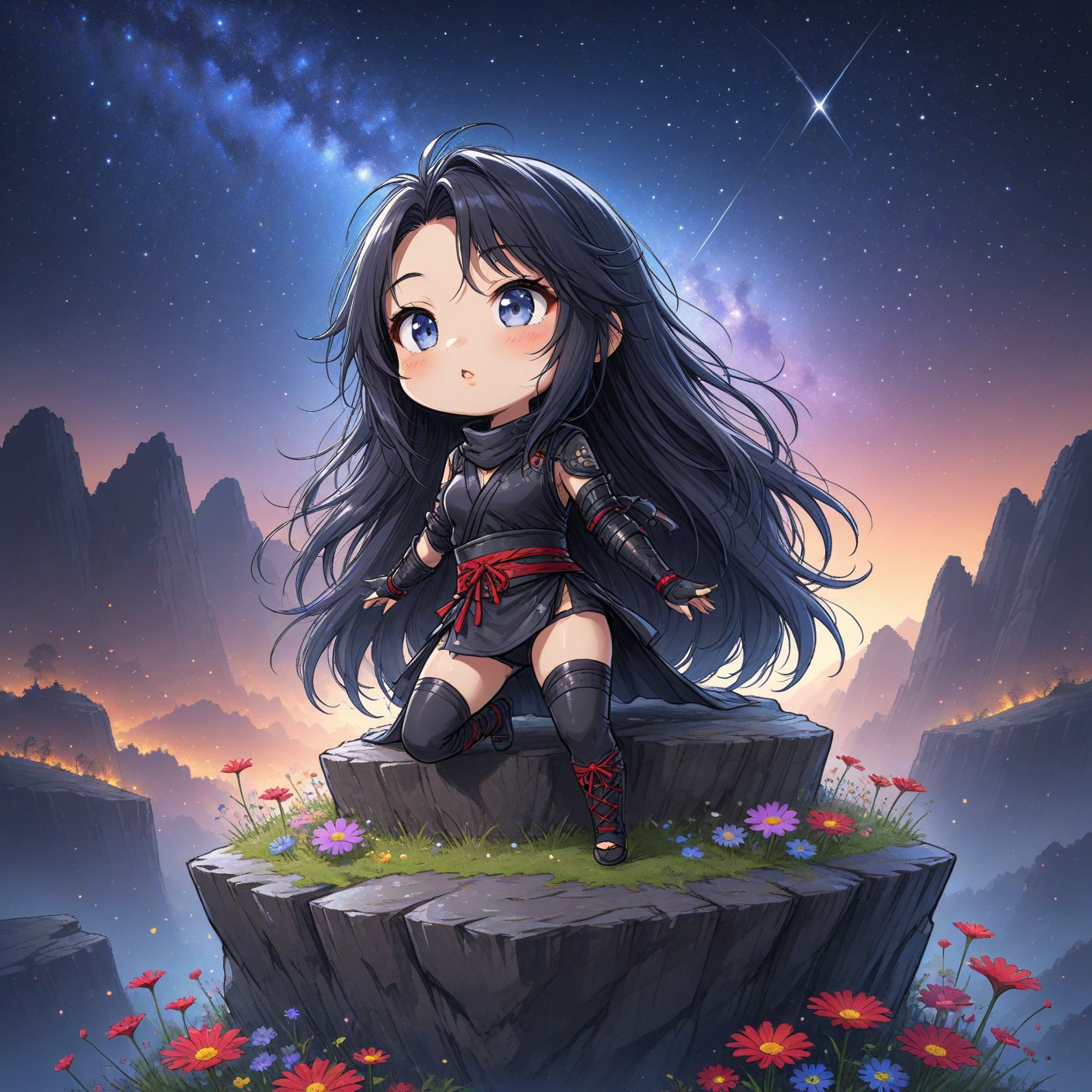 Masterpiece, 4K, ultra detailed, chibi anime style, beautiful female ninja with flawless makeup and glossy lips, long flowy hair wearing ninja outfit, on top of a crystalized rocky cliff, looking at the colorful starry night, wild flowers, depth of field, SFW, 