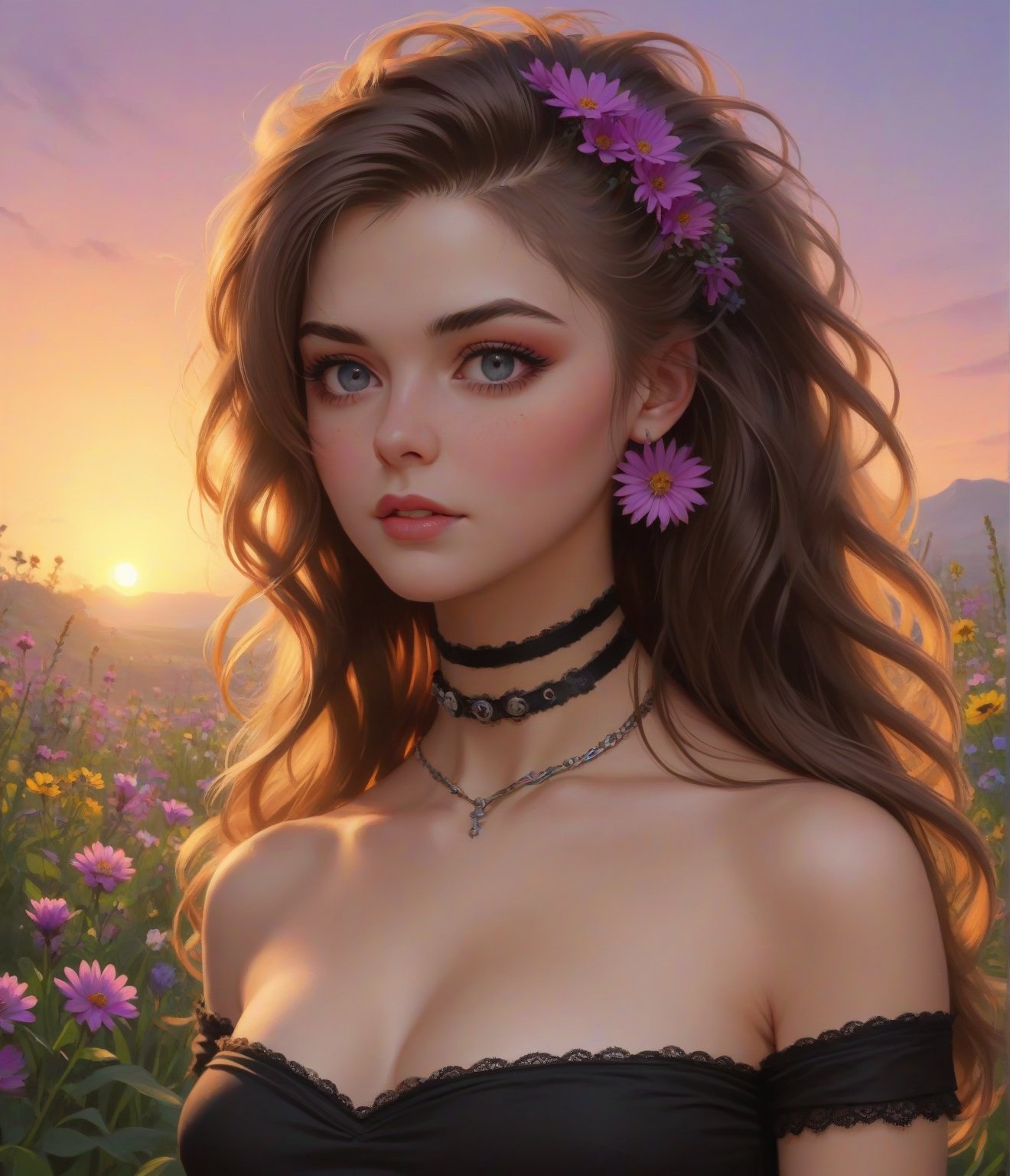 Masterpiece, 4K, ultra detailed, sexy punk woman, choker necklace, long flowy hair, wild flowers, depth of field, SFW, Vintage American illustration's,KidsRedmAF, sunset,