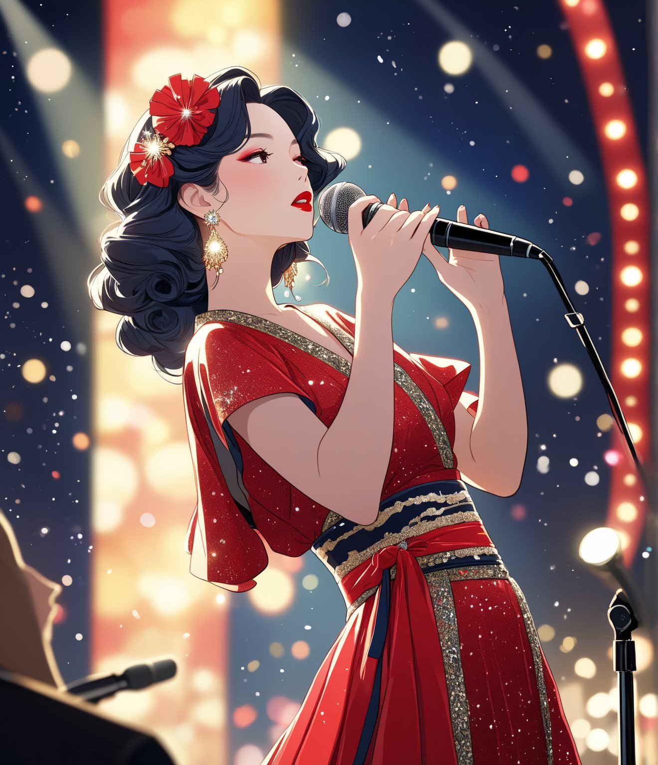 Masterpiece, 4K, ultra detailed, beautiful woman singing in Karaoke, glossy red lips and glamours makeup, dangling earring and crystal waist sash, elegant and fancy dress, mic stand, SFW, depth of field, backlighting, ukiyoe Art Style,