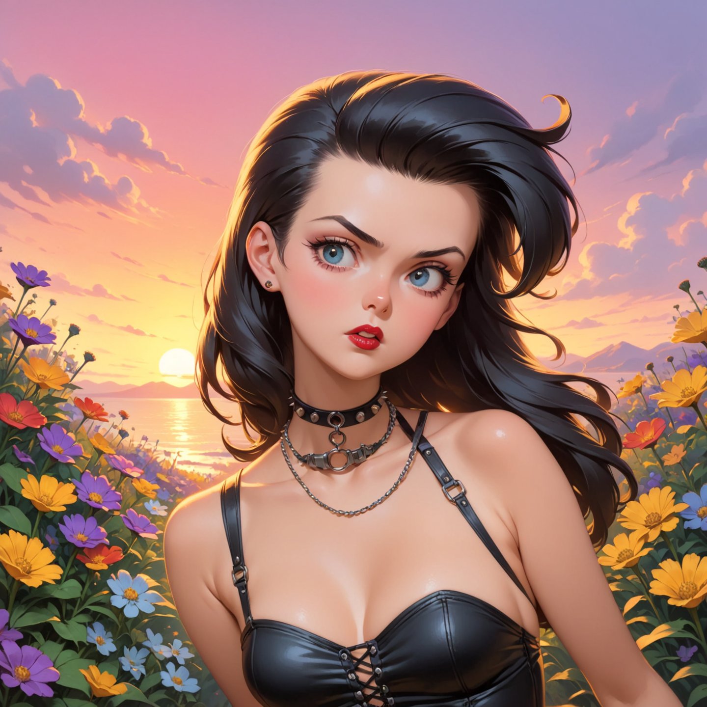 Masterpiece, 4K, ultra detailed, sexy punk woman, choker necklace, long flowy hair, wild flowers, depth of field, SFW, Ukiyoe Art Style, Vintage American illustration's, sunset,