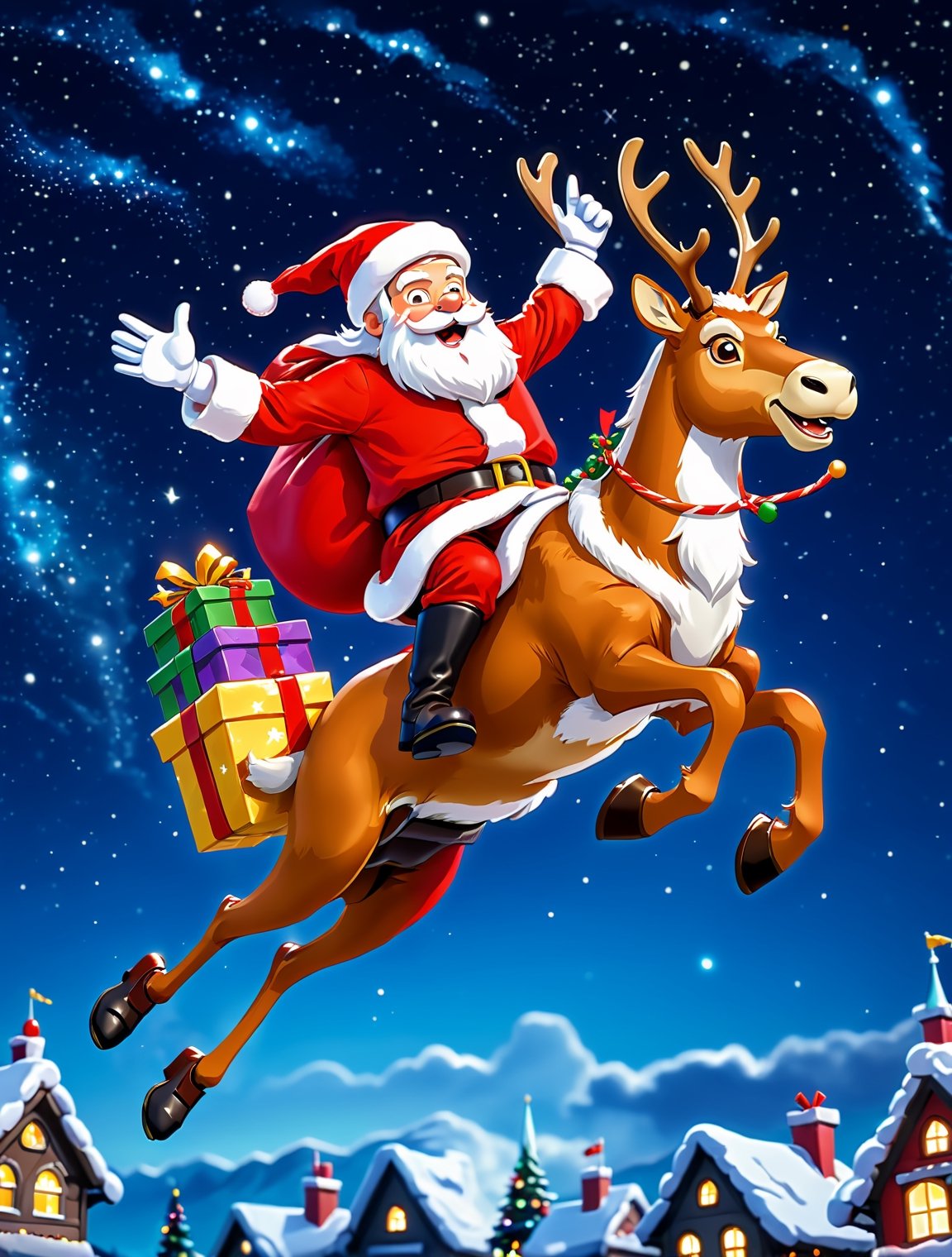 ((anime)),  Santa Claus riding on flying reindeer at night,  dropping presents by Max AI on Tensor.Art