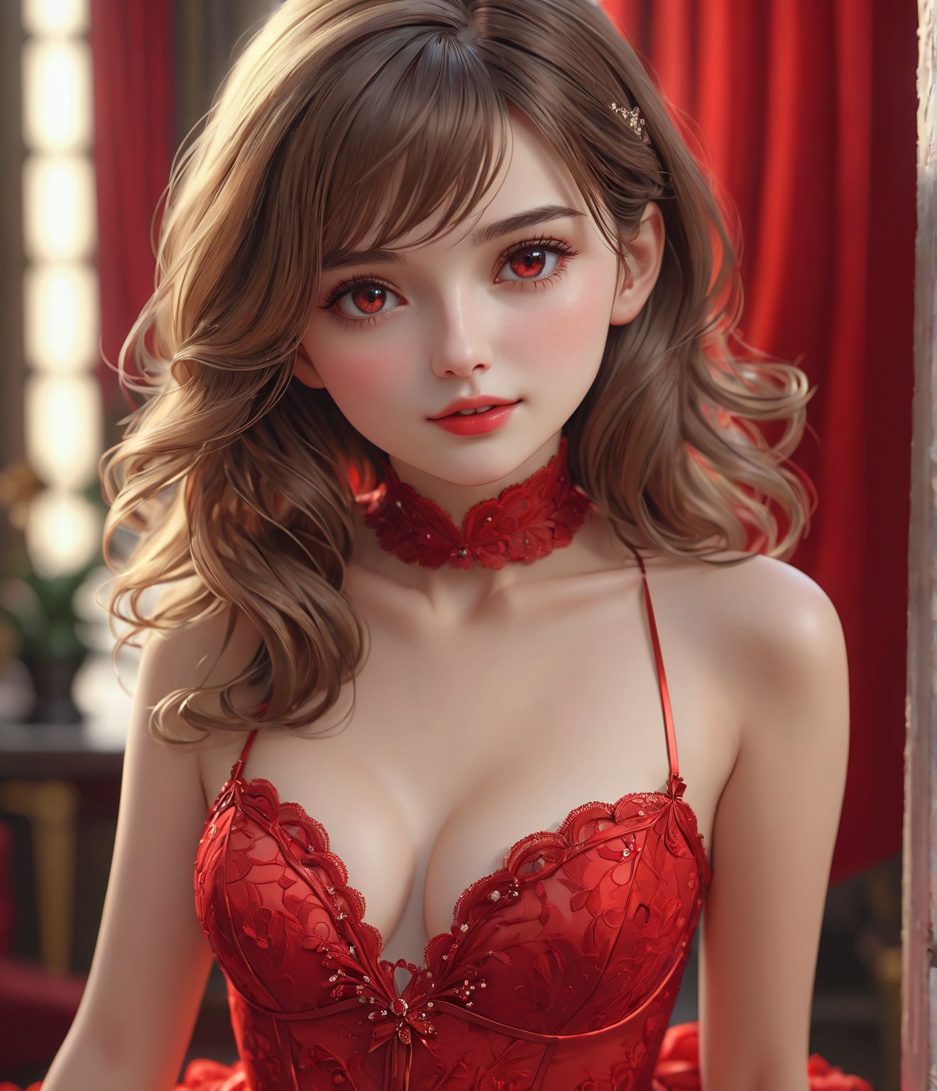 Masterpiece, 4K, ultra detailed, sexy lady in red, SFW, depth of field,