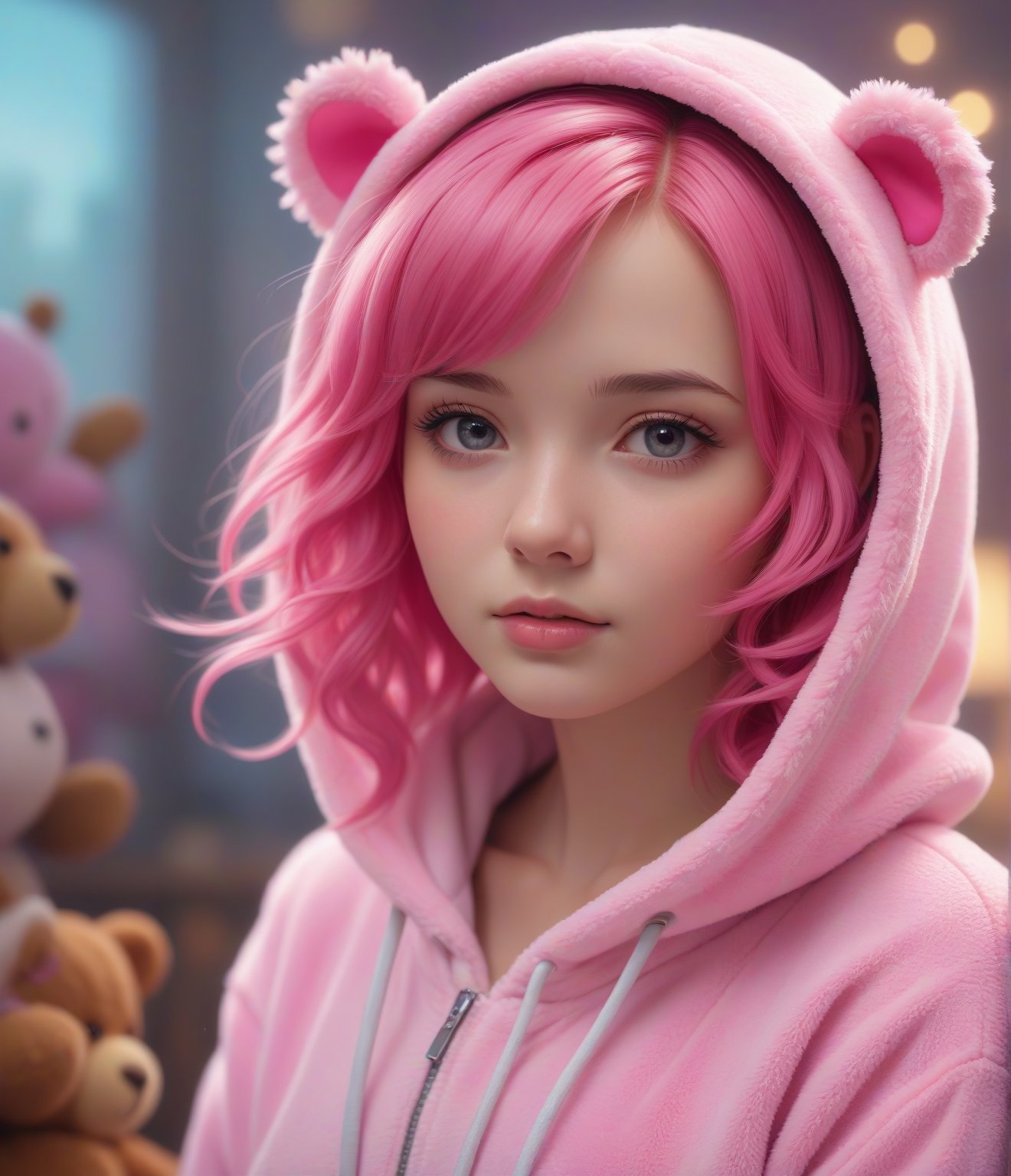 Masterpiece, 4K, ultra detailed, sexy pink hair girl wearing Teddy bear onesie, SFW, depth of field, dreamy background,