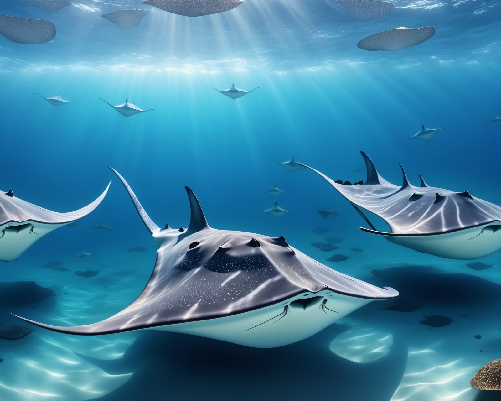 Many gigantic stingrays swimming in the ocean in all direction,  highly detailed,  shimmering spot patterns by Max AI on T...