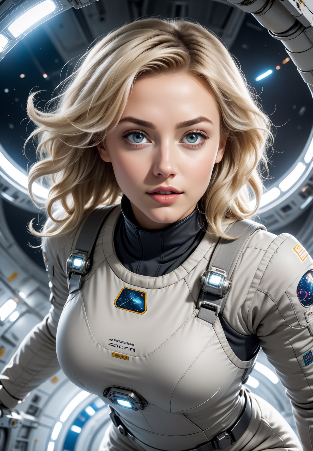 Sci-fi,  A beautiful curvy blonde woman wearing a light grey overall uniform with heels,  diving forward position in a zer...