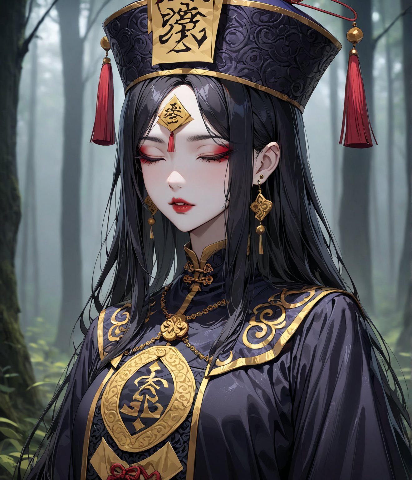 Masterpiece, 4K, ultra detailed, anime style, frightening female Jiangshi with flawless goth makeup, paper talisman on forehead and glossy lips, eyes closed, golden earring, wavy long hair, dark silk robe with very long sleeves, in a misty dark forest, depth of field, SFW, more detail XL,