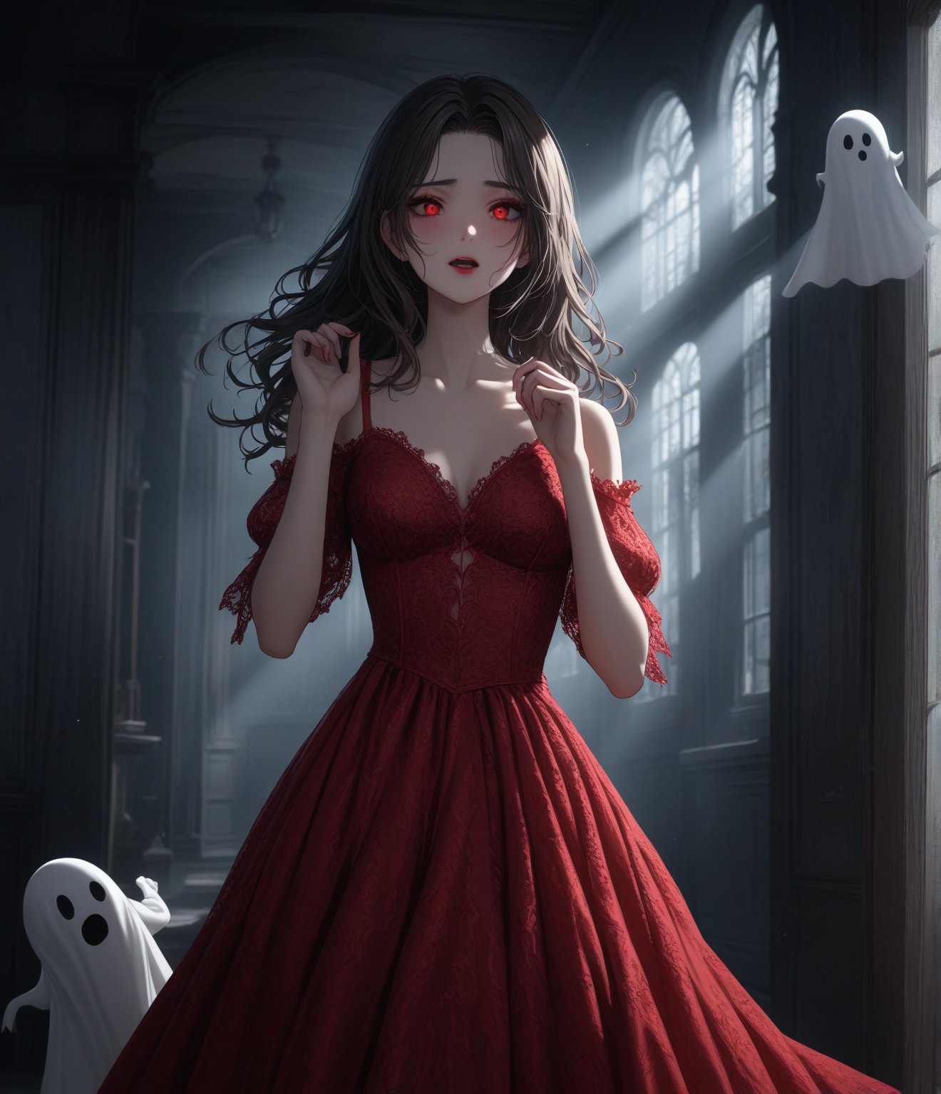 Masterpiece, 4K, Ultra detailed, beautiful girl with glamorous makeup wearing red lace dress walking in a dark haunted house, feminine figure, scared expression with both hand up, SFW, light rays streaming from the windows, floating white ghost,