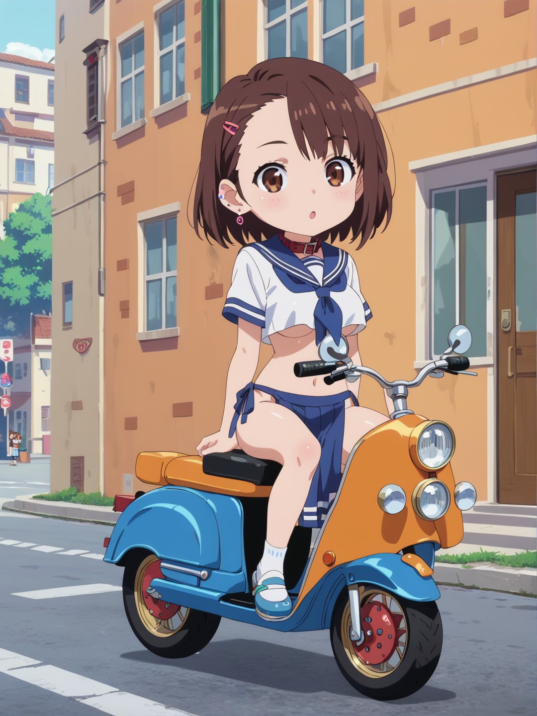 1girl, score_9, score_8_up, score_7_up, masterpiece, absurdres, brunette, brown eyes, shoulder-length_hair, hair behind ear, asymmetrical bangs, collar, sailor collar, school uniform, loincloth, under_boob, chibi, riding a scooter, vespa, full body shot, in the street, anime screencap, score_anime