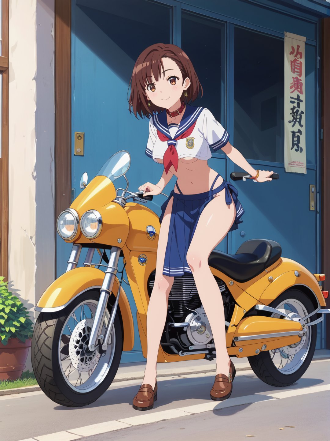 1girl, score_9, score_8_up, score_7_up, masterpiece, absurdres, brunette, brown eyes, shoulder-length_hair, hair behind ear, asymmetrical bangs, chibi, smile, looking at viewer, collar, sailor collar, school uniform, loincloth, under_boob, riding a motorbike, vespa, full body shot, in the street, anime screencap, score_anime