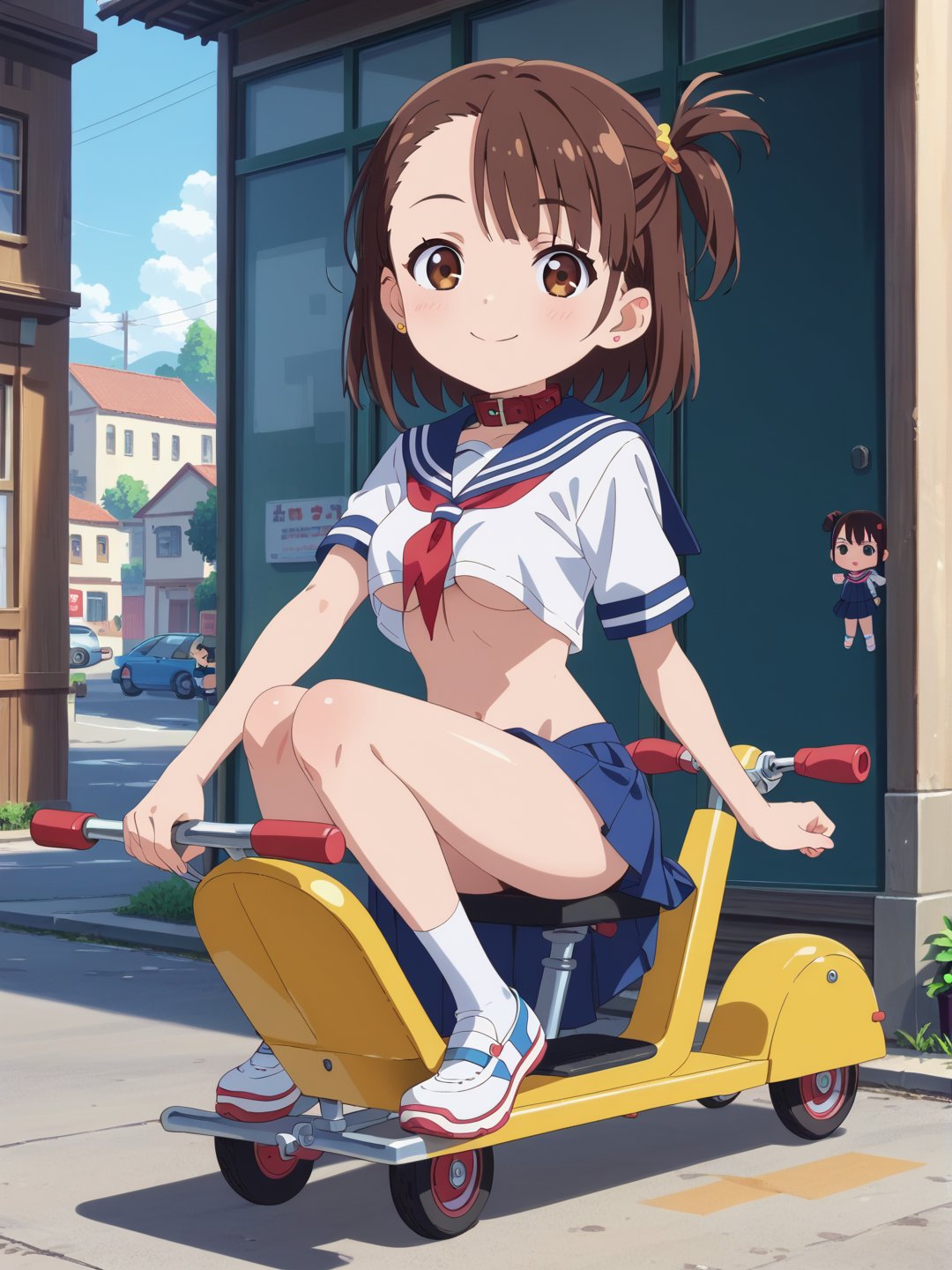 1girl, score_9, score_8_up, score_7_up, masterpiece, absurdres, brunette, brown eyes, shoulder-length_hair, hair behind ear, asymmetrical bangs, smile, looking at viewer, collar, sailor collar, school uniform, loincloth, under_boob, chibi, riding a scooter, super cub\(motorbike\), full body shot, in the street, anime screencap, score_anime