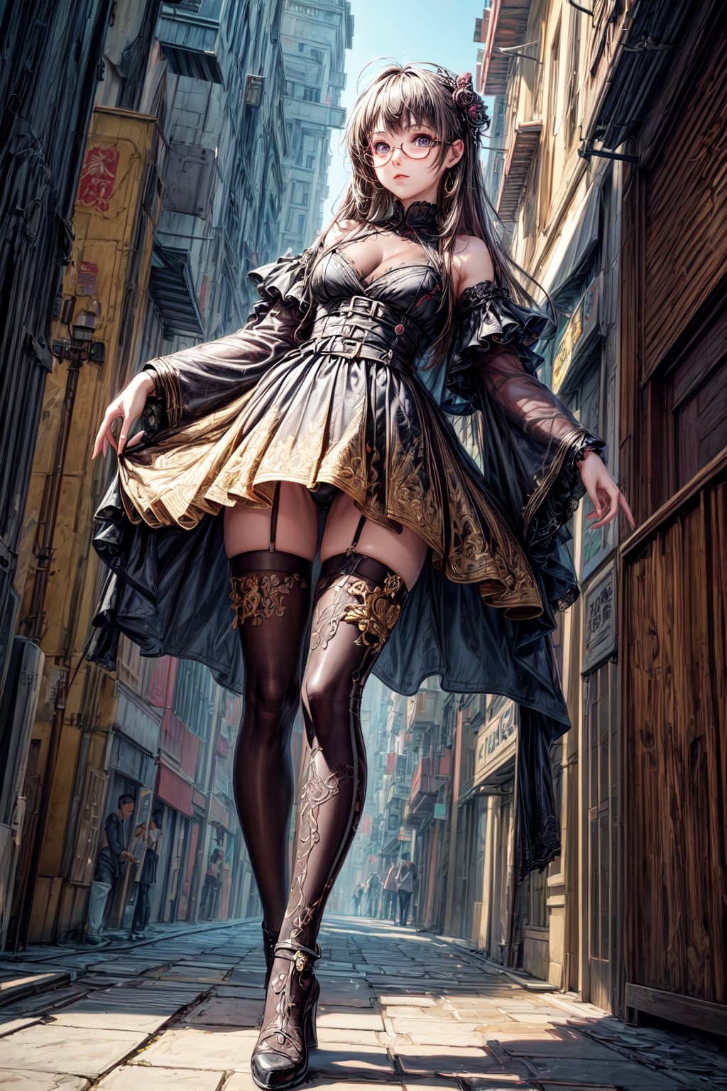 (masterpiece, top quality, best quality, official art, beautiful and aesthetic:1.2), (1girl), extreme detailed,(fractal art:1.3),colorful,highest detailed,a girl with spectacles wearing golden clothing, in the style of hard surface modeling, playful cartoons, onii kei, photorealistic eye, extruded design, robotics kids, detailed shading, walking, perfect fingers, shanghai street,