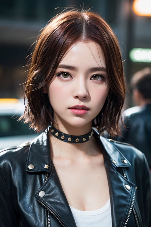 masterpiece, best quality, 8k, 4k, high resolution, intricate details, high details, 1girl, realistic skin texture, short bobcut hairstyle, red hair, perfect eyes, pale blue eyes, strong eyeliner, cleft chin, full lips, (athletic body), wearing a leather jacket with studs, choker with studs, cyberpunk city, neon lights, rain, wet hair, wet skin, ambient particles, bokeh effect, cinematic lightning, by Studio Ghibli, by Artgerm, by Greg Rutkowsi,nagisa_tsuboi