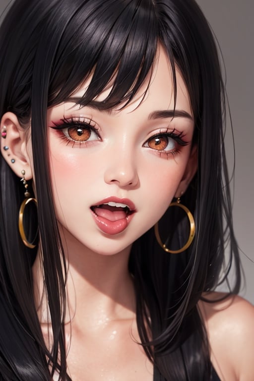 1girl,tongue,black hair,red eyes,solo,teeth,tongue out,eyelashes,bangs,piercing,open mouth,tongue piercing,earrings,jewelry,looking at viewer,long hair,close-up,red lips,blush,makeup,smile,long eyelashes,shiny,gem,eye focus,portrait,ear piercing,