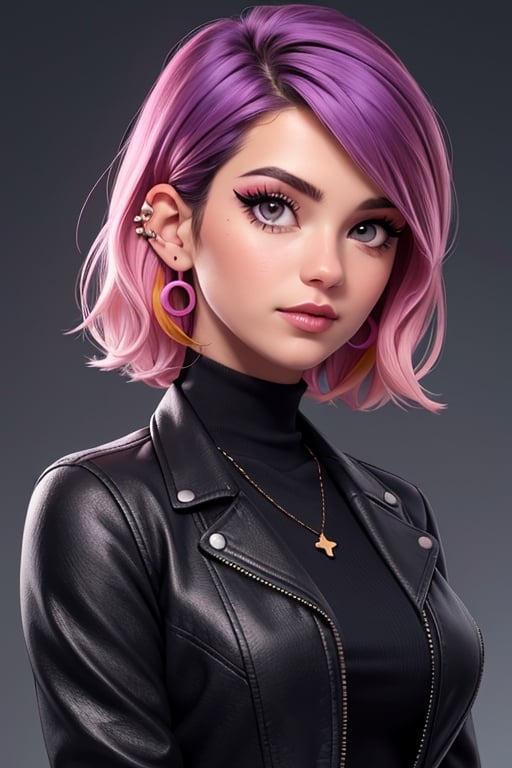 1girl,solo,jewelry,earrings,pink hair,jacket,necklace,looking at viewer,piercing,short hair,tattoo,upper body,black jacket,turtleneck,nose,grey eyes,realistic,purple hair,bangs,ear piercing,makeup,open clothes,gradient,open jacket,eyelashes,multicolored hair,gradient background,lips,closed mouth,shirt,mascara,breasts,simple background,CARTOON_X_MENs_Rogue