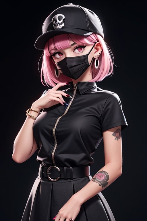 1girl,jewelry,black hair,solo,ring,hat,mask,pink eyes,mouth mask,looking at viewer,earrings,tattoo,hair bun,short hair,multiple rings,black headwear,piercing,black nails,bangs,glowing,short sleeves,blunt bangs,ear piercing,skirt,cowboy shot,arm tattoo,bracelet,zipper,belt,breasts,nail polish,skull,black skirt,glowing eyes,hand up,black shirt,pink hair,