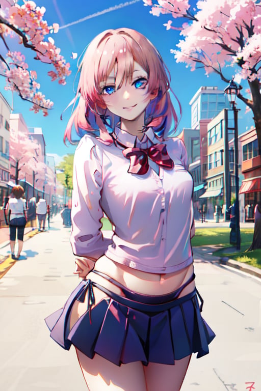 schoolgirl, pink hair, small breasts, (wide hips:1.2), standing, smile, school uniform, blue miniskirt, hands at sides, looking at viewer, outside, near tree, arms behind back, (road:0.6), pov, looking at viewer, facing viewer, perfect eyes, blue eyes, cherry blossom