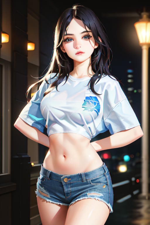 pajama challange, centered, 18 years old girl, pure face, beautiful face, long messy hair, hands behind back, crop top, navel, midriff, open denim shorts, hotel room, bokeh, depth of field, hyperelism shadows, ((best quality)), ((masterpiece)), ((realistic:1.3)), (detailed:1.3), ultra high res, powerful pose ,photorealism:1.3 , ((perfect hand)) ,raw photo:1.3, ultra detailed, beastialily,detailed skin, Highly detailed face and skin texture, detailed eyes, double eyelids,dynamic light,pose, facial pore detail,