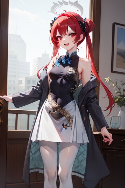 best quality, (masterpiece:1.2), detailed,,1girl, solo, open mouth, smile,long hair, red hair, ahoge, red eyes, black hairband,white dress, bare shoulders, neck ribbon, black ribbon, dark brown skirt, long sleeves, (white pantyhose:1.2),standing, looking at the viewer,indoors, window