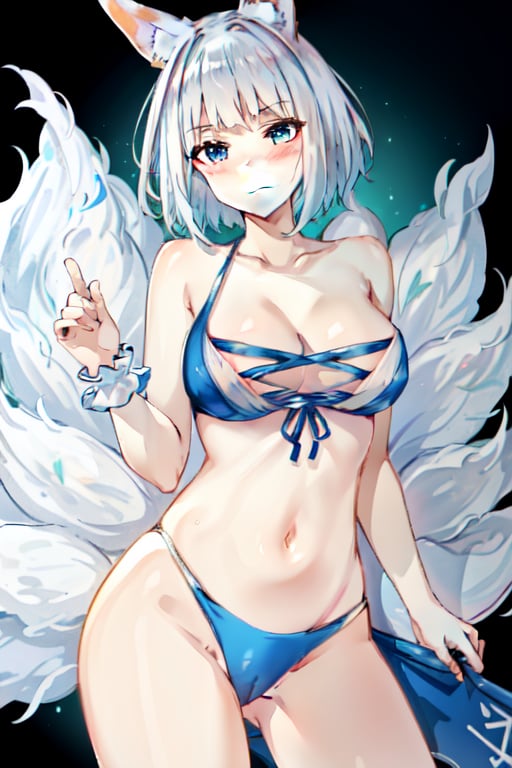 kaga(everlasting killing stone), closed mouth, solo, white background, cameltoe, white hair, swimsuit, simple background, navel, blue eyes, fox ears, large breasts, tail, fox girl, short hair, animal ear fluff, multiple tails, collarbone, cleavage, looking at viewer, blue bikini, bikini pull, blush, fox tail, animal ears, bikini,  doing sensual pose, holding, cute smile, blush, fantasy background, focus camera, masterpiece,  16k, UHD, Better quality, better resolution, better detail
