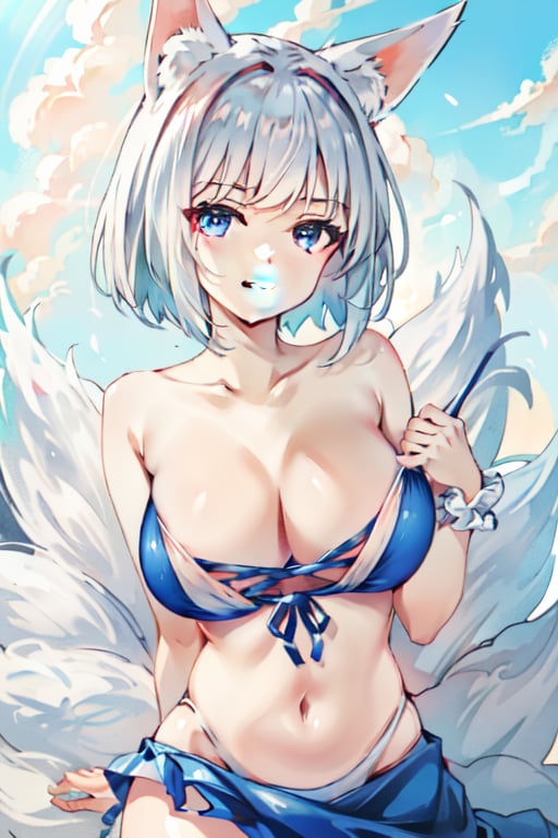 kaga(everlasting killing stone), closed mouth, solo, cameltoe, white hair, swimsuit, navel, blue eyes, fox ears, large breasts, tail, fox girl, short hair, animal ear fluff, multiple tails, collarbone, cleavage, looking at viewer, blue bikini, backlighting, bare shoulders, depth of field, solo focus, upper body, red dress, large breast, sexy, smile